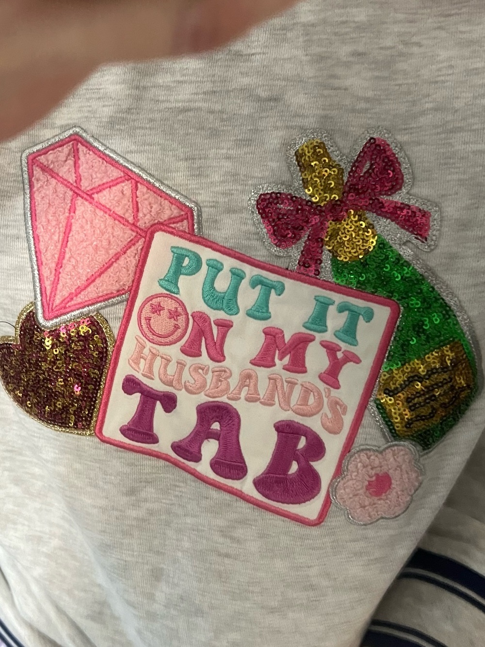 Simply Southern Light Gray Sweatshirt with Pink, Green & Gold Sequin Patch - Picture 6 of 7